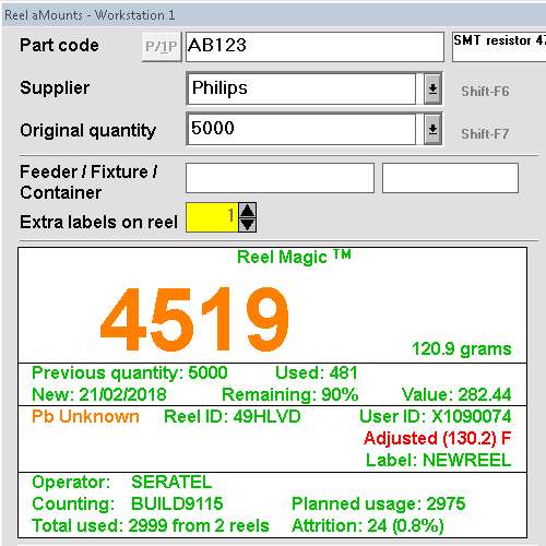 Quantity and reel information displayed